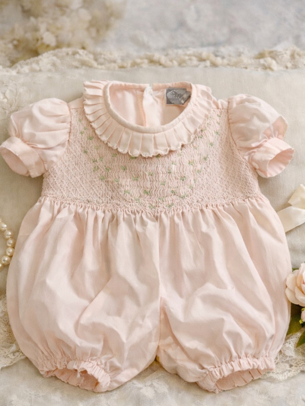 VINTAGE Carriage Boutiques Heirloom Hand Smocked Pink Bubble Romper 9M